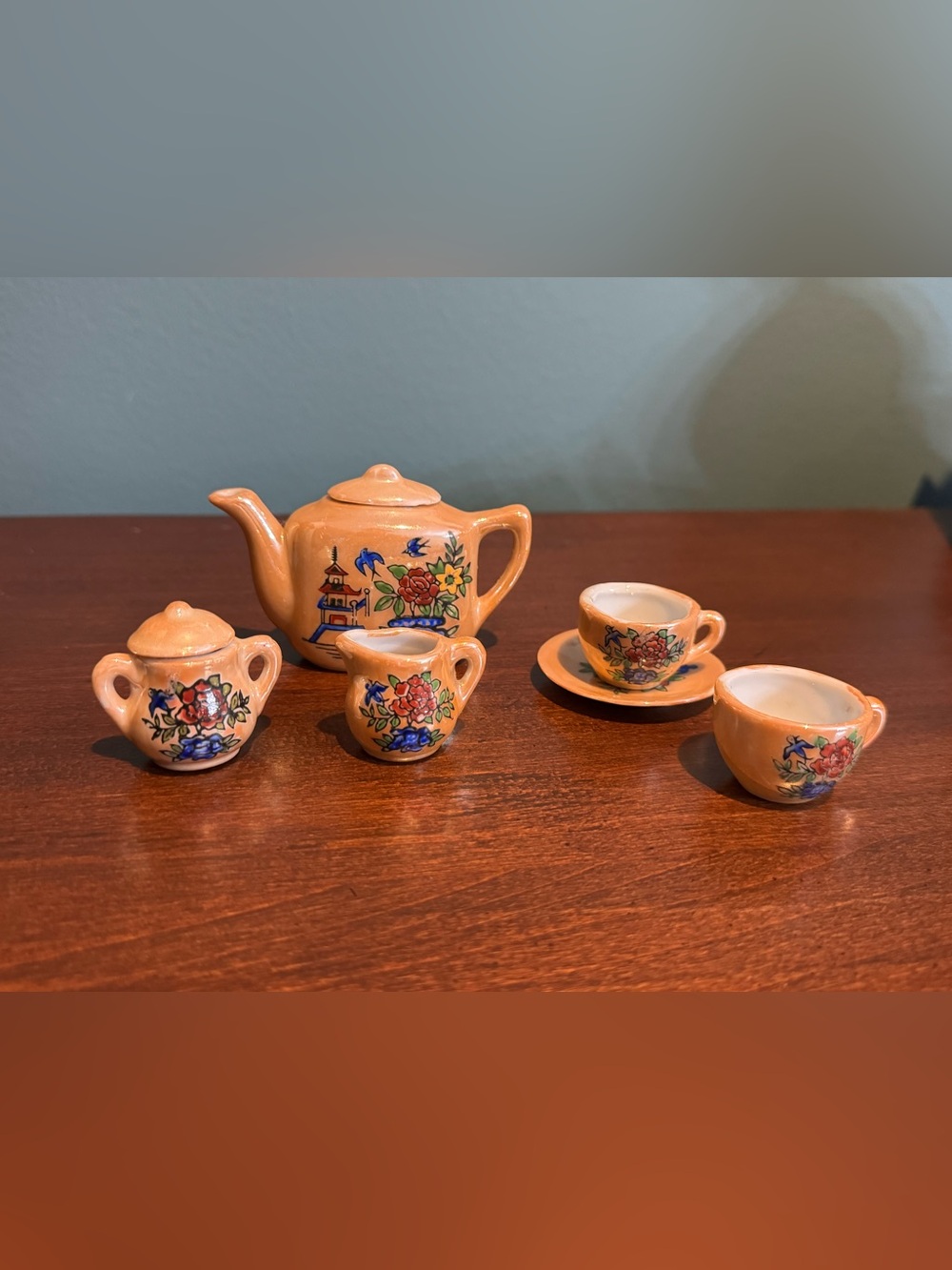 Vintage 8 Piece Miniature Ceramic Peach Lustre Pagoda Tea Set Doll House Japan